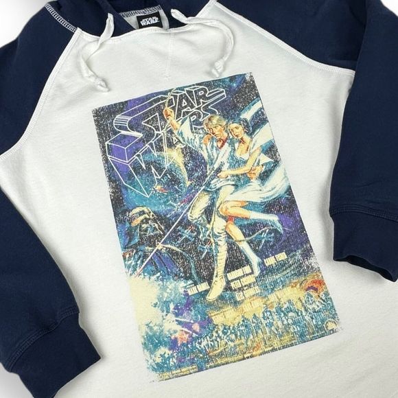 Star Wars A New Hope Luke & Leia Graphic Raglan Hoodie‎ Pullover Size Small EUC - Picture 1 of 7